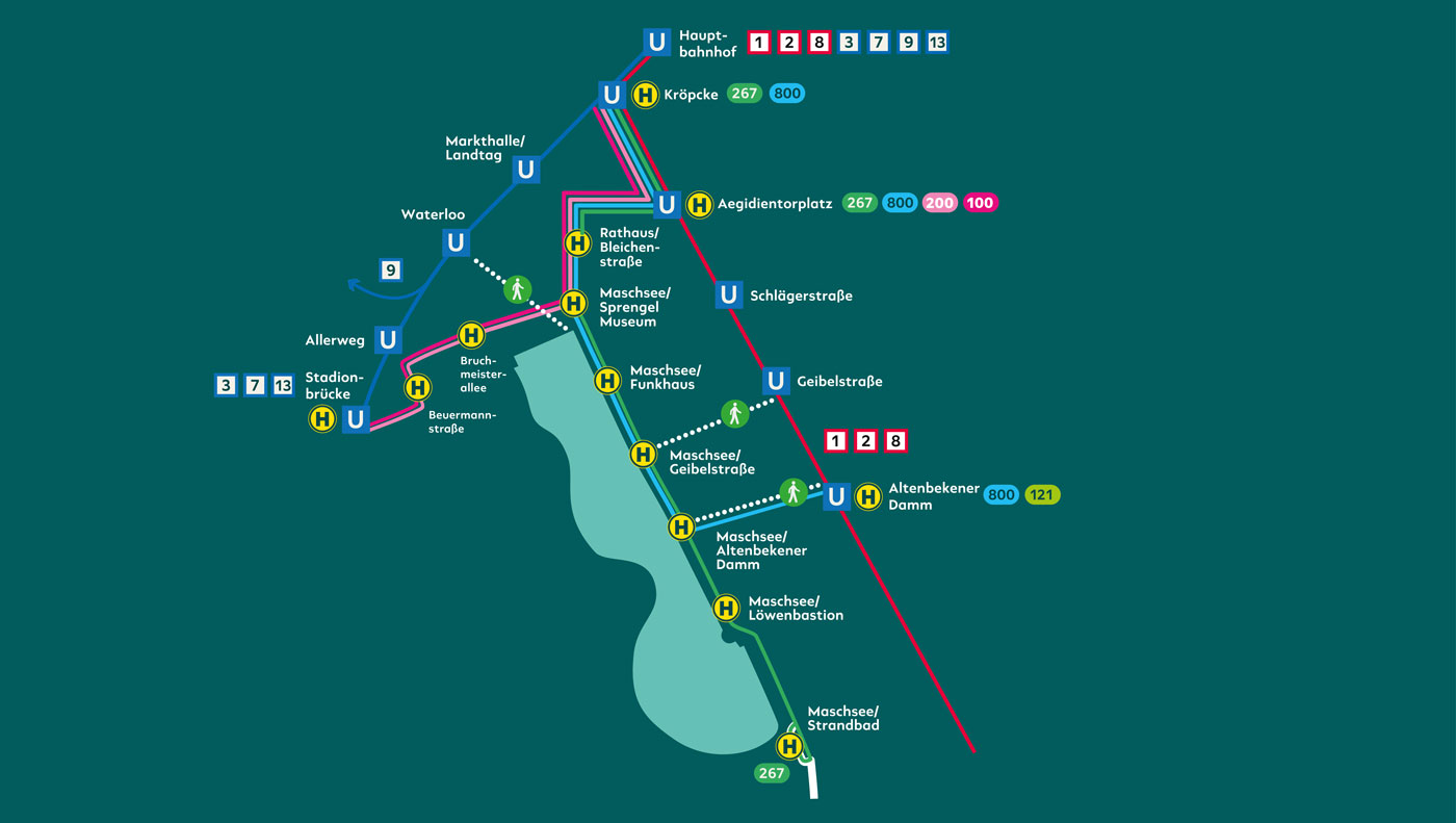 Dieses Bild zeigt die Linien und Haltestellen, die euch zum Maschseefest bringen. Haltestellen der Linien 1,2 und 8: Hauptbahnhof, Kröpcke, Aegidientorplatz, Schlägerstraße, Geibelstraße, Altenbekener Damm. Haltestellen der Linien 3, 7, 9 und 13: Hauptbahnhof, Kröpcke, Markthalle / Landtag, Waterloo, Allerweg (nur Linien 3, 7 und 9), Stadionbrücke (nur Linien 3, 7 und 9). Haltestellen der Linien 100 und 200: Kröpcke, Aegidientorplatz, Rathaus / Bleichenstraße, Maschsee / Sprengel Museum, Bruchmeisterallee, Beuermannstraße, Stadionbrücke. Haltestellen der Linie 267: Kröpcke, Aegidientorplatz, Rathaus / Bleichenstraße, Maschsee/ Sprengel Museum, Maschsee/ Funkhaus, Maschsee/ Geibelstraße, Maschsee/ Altenbekener Damm, Maschsee / Löwenbastion, Maschsee / Strandbad. Haltestellen der Linie 800: Kröpcke, Aegidientorplatz, Rathaus / Bleichenstraße, Maschsee/ Sprengel Museum, Maschsee/ Funkhaus, Maschsee/ Geibelstraße, Maschsee/ Altenbekener Damm, Altenbekener Damm. Am Altenbekener Damm kannst auch in die Buslinie 121 umsteigen.